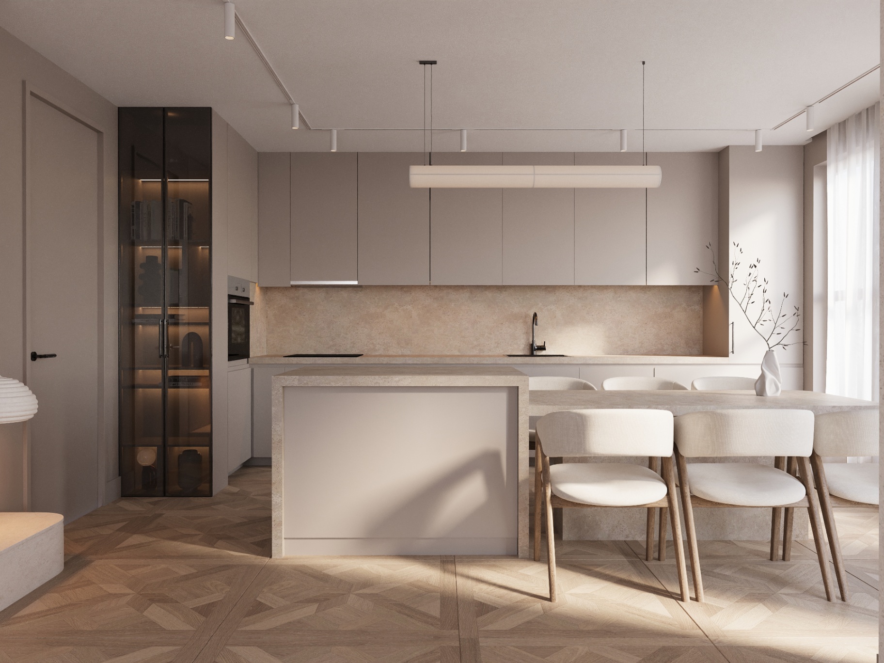 Open kitchen with stone island and dining table