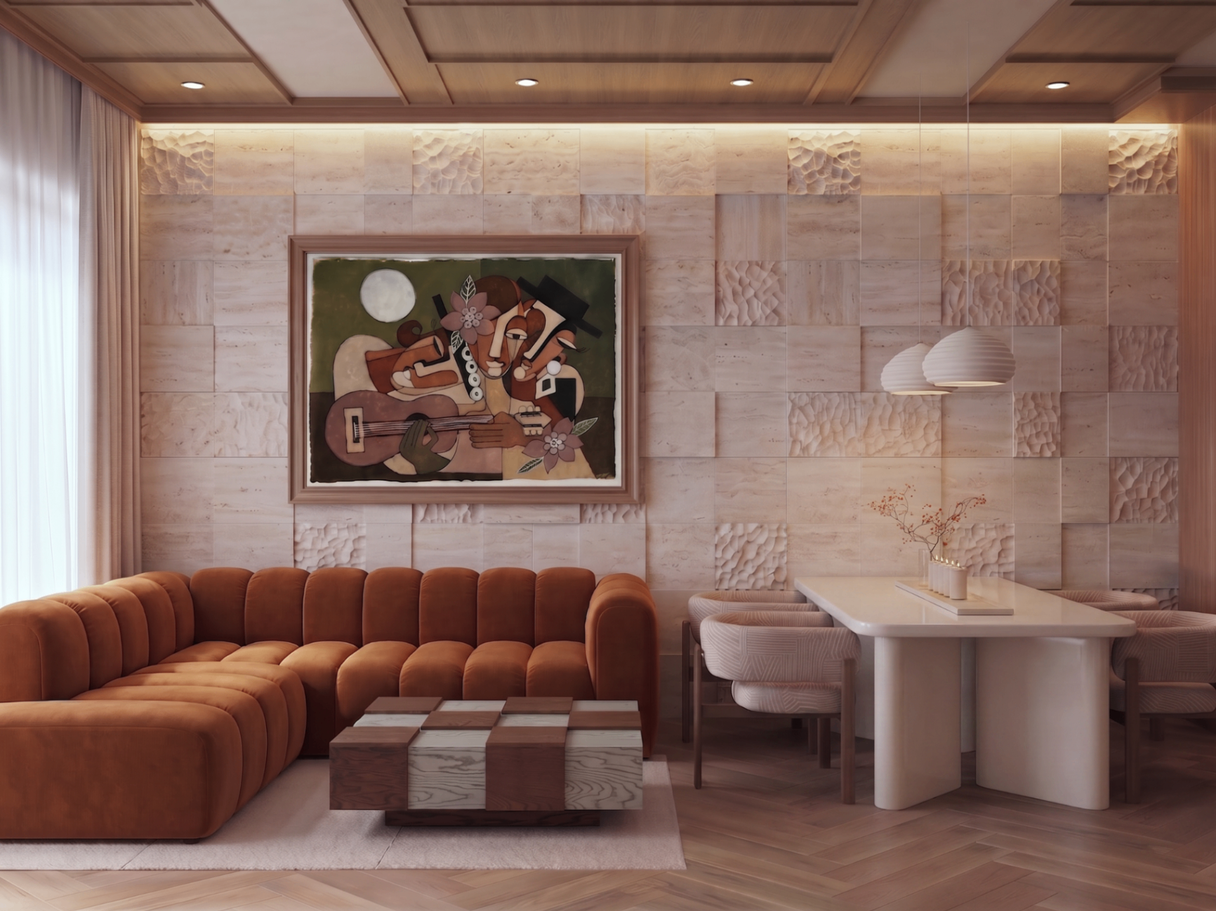 Living lounge with terracotta sofa and carved travertine wall