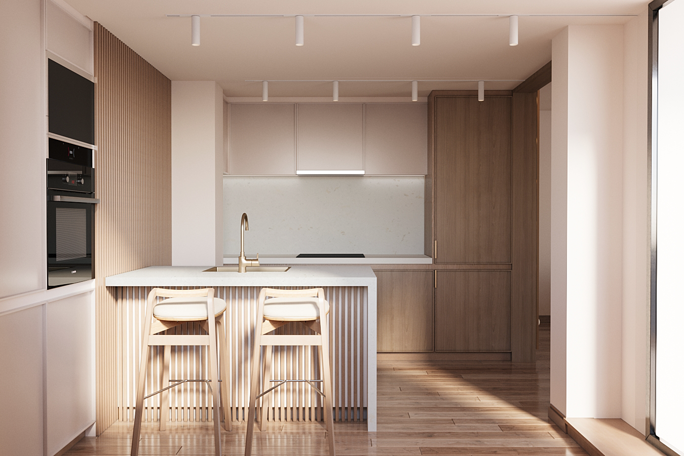 Kitchen with fluted wood island and stone backsplash